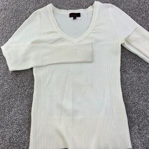 Takeout Cream V Neck Ribbed Long Sleeve Sweater Womens Size S Retro Y2K Dainty